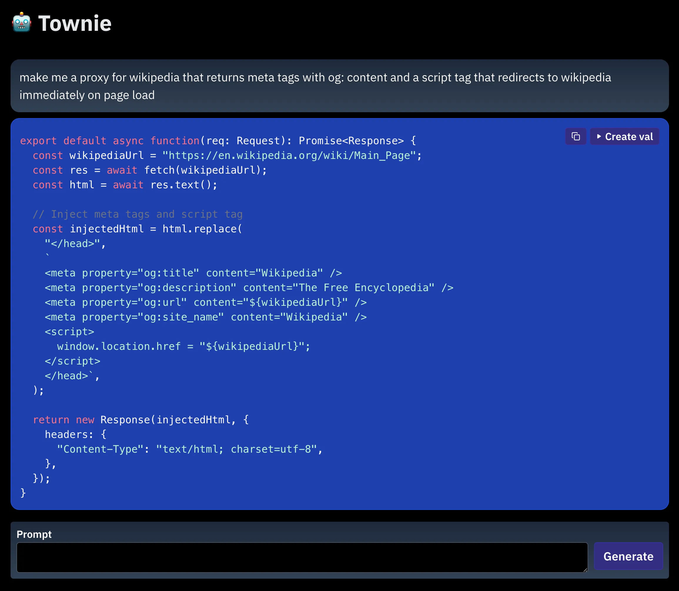 Townie chatbot example generating a wikipedia proxy